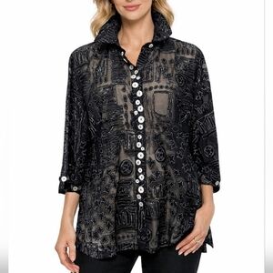 Graff by UM Vintage Sheer Abstract Print Pearl Button Front Tunic P Medium Artsy